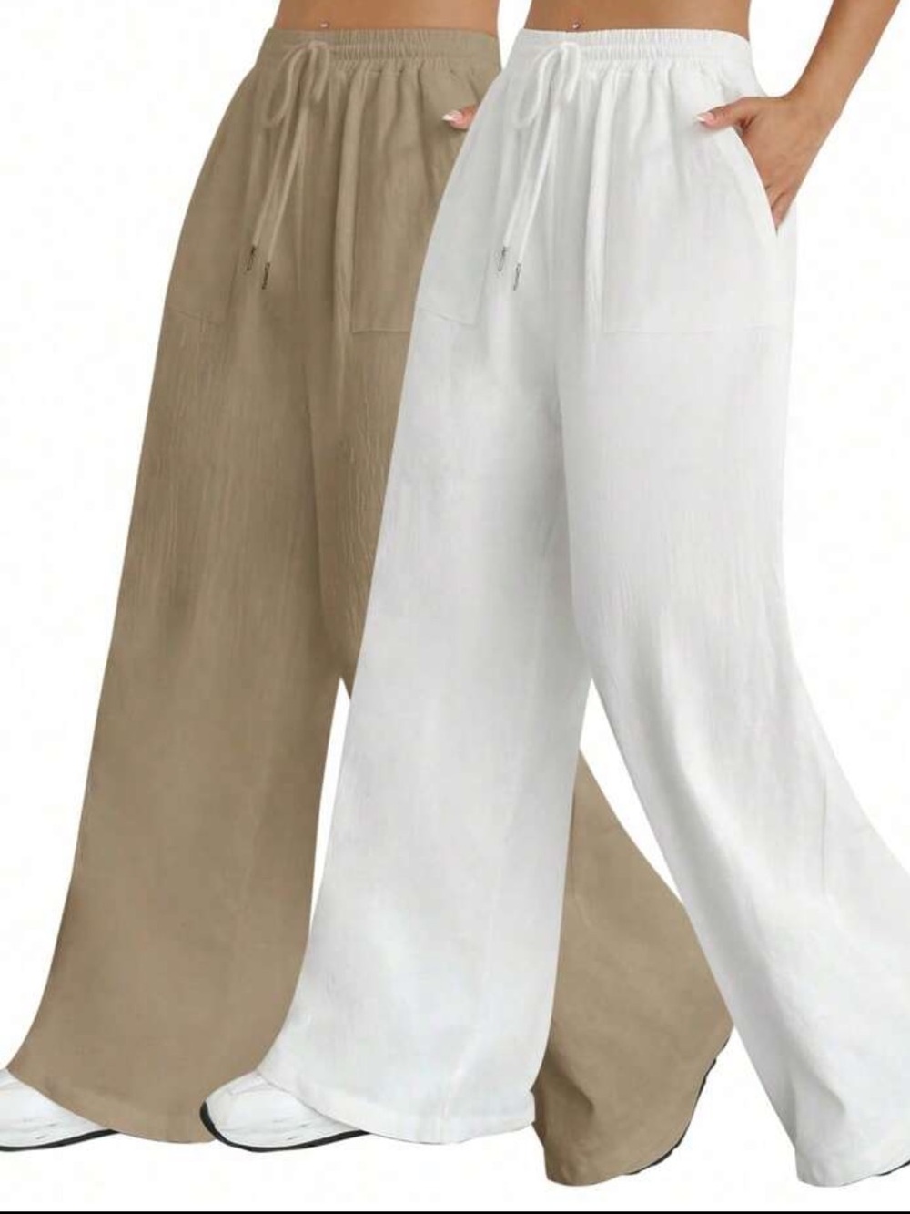Relaxed Wide-Leg Drawstring Pants in White & Khaki